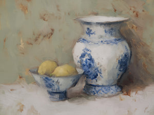Oil painting still life of a large blue and white Delft-style ceramic vase beside a matching footed bowl holding two yellow lemons, painted with impasto brushwork against a sage green and warm brown background, by Jay Bryant Ward.