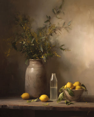 Oil painting-style vertical still life featuring a large rustic ceramic urn with olive and mimosa branches, two loose lemons, a small glass water bottle, and a ceramic bowl of lemons on a weathered wooden surface, rendered in warm golden tones with soft chiaroscuro lighting and visible brushwork.