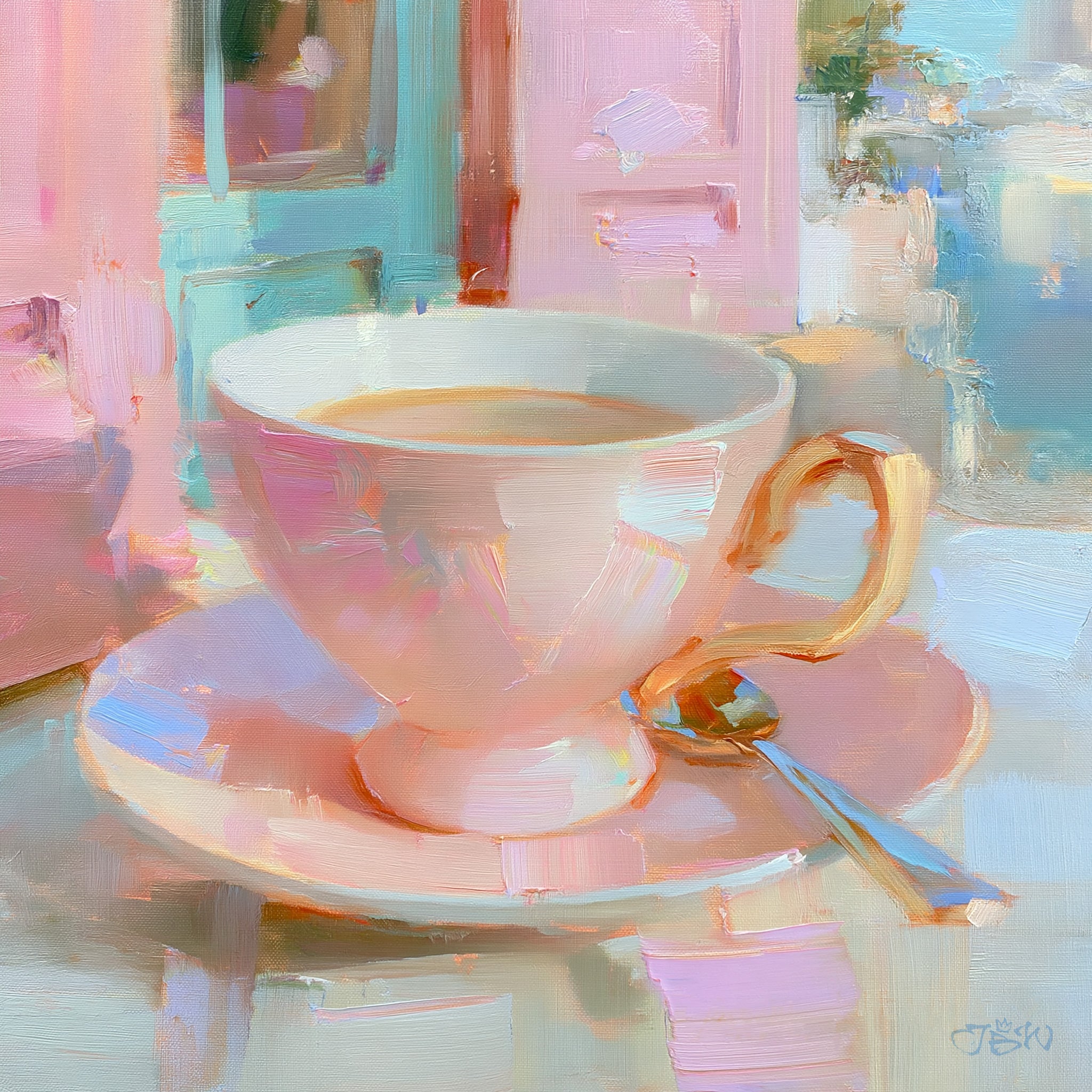 Impressionistic oil painting still life of a blush-pink porcelain teacup and saucer with a gold handle, filled with milky tea, with a silver spoon resting on the saucer, set against a loose painterly background of pink, teal, and soft blue suggesting an interior space.