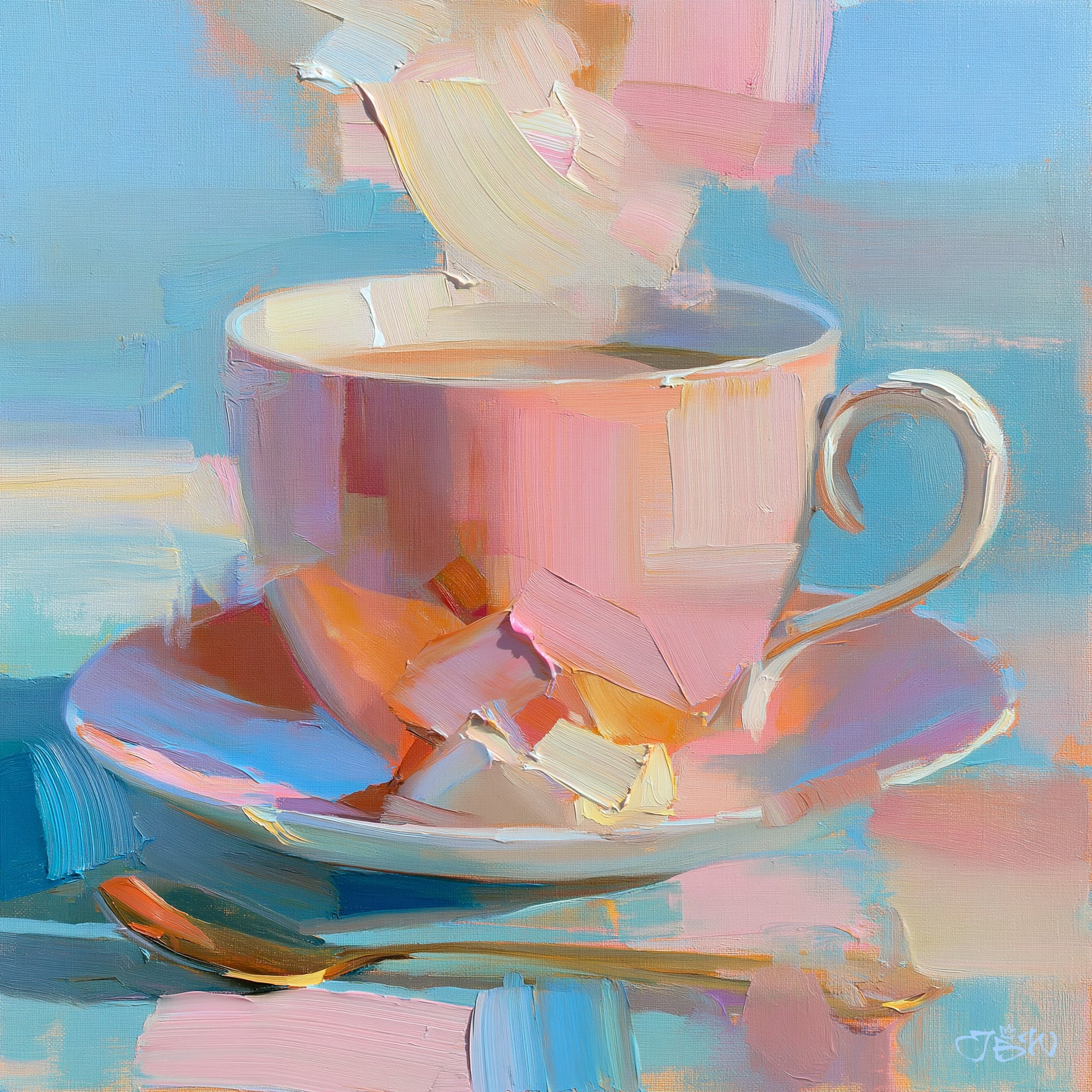 Expressive oil painting still life of a pink porcelain teacup and saucer with a scroll handle and gold teaspoon, surrounded by loose gestural brushstrokes suggesting rising steam, in a palette of blush pink, peach, sky blue, and warm orange with thick impasto texture.