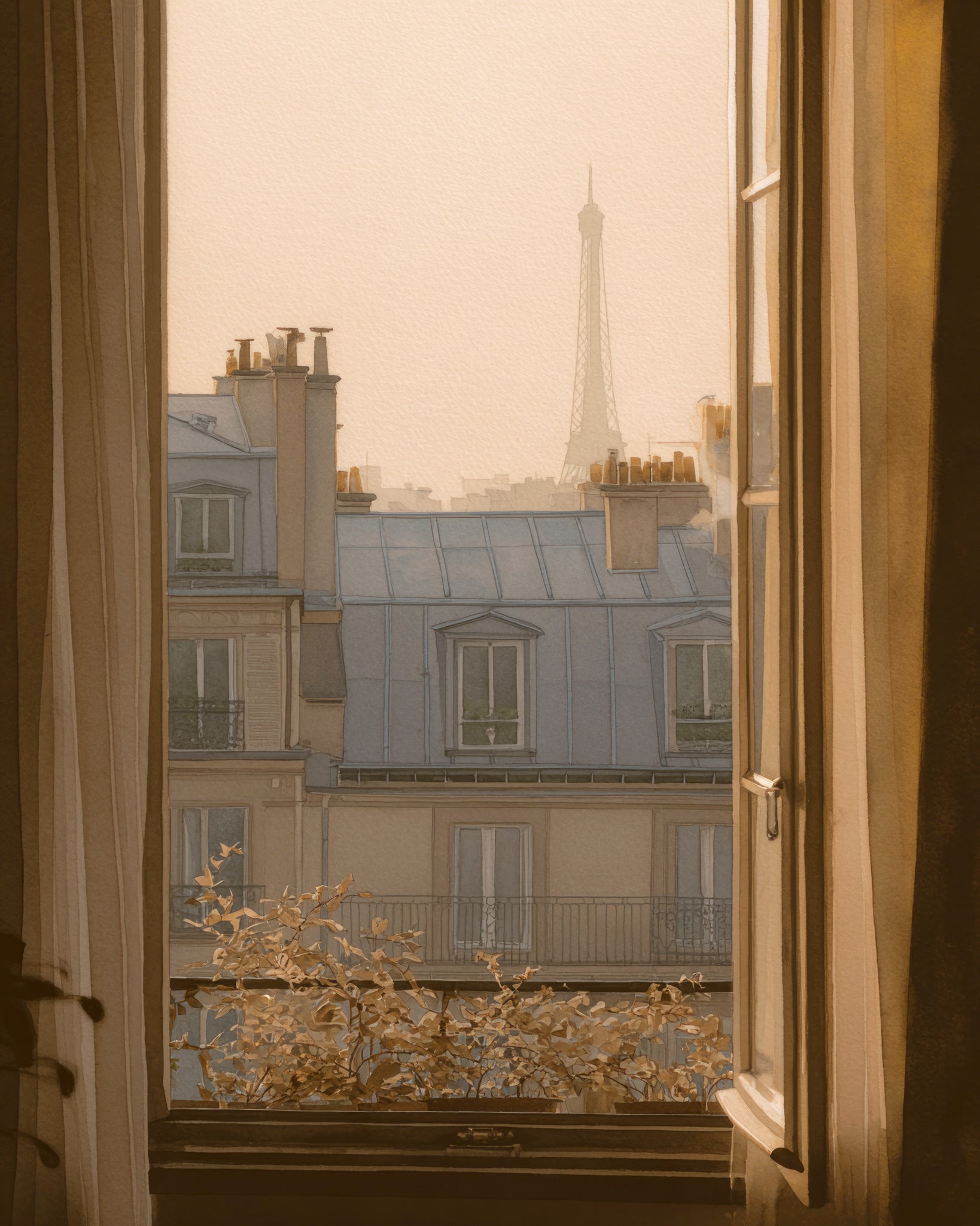 View through an open French casement window overlooking Haussmann-style Parisian rooftops with zinc mansard roofs, chimney pots, and dormer windows. The Eiffel Tower rises softly in a misty peach sky in the distance. A small potted plant sits on the windowsill in the foreground. The scene is bathed in warm amber and golden tones with a vintage, hazy quality.