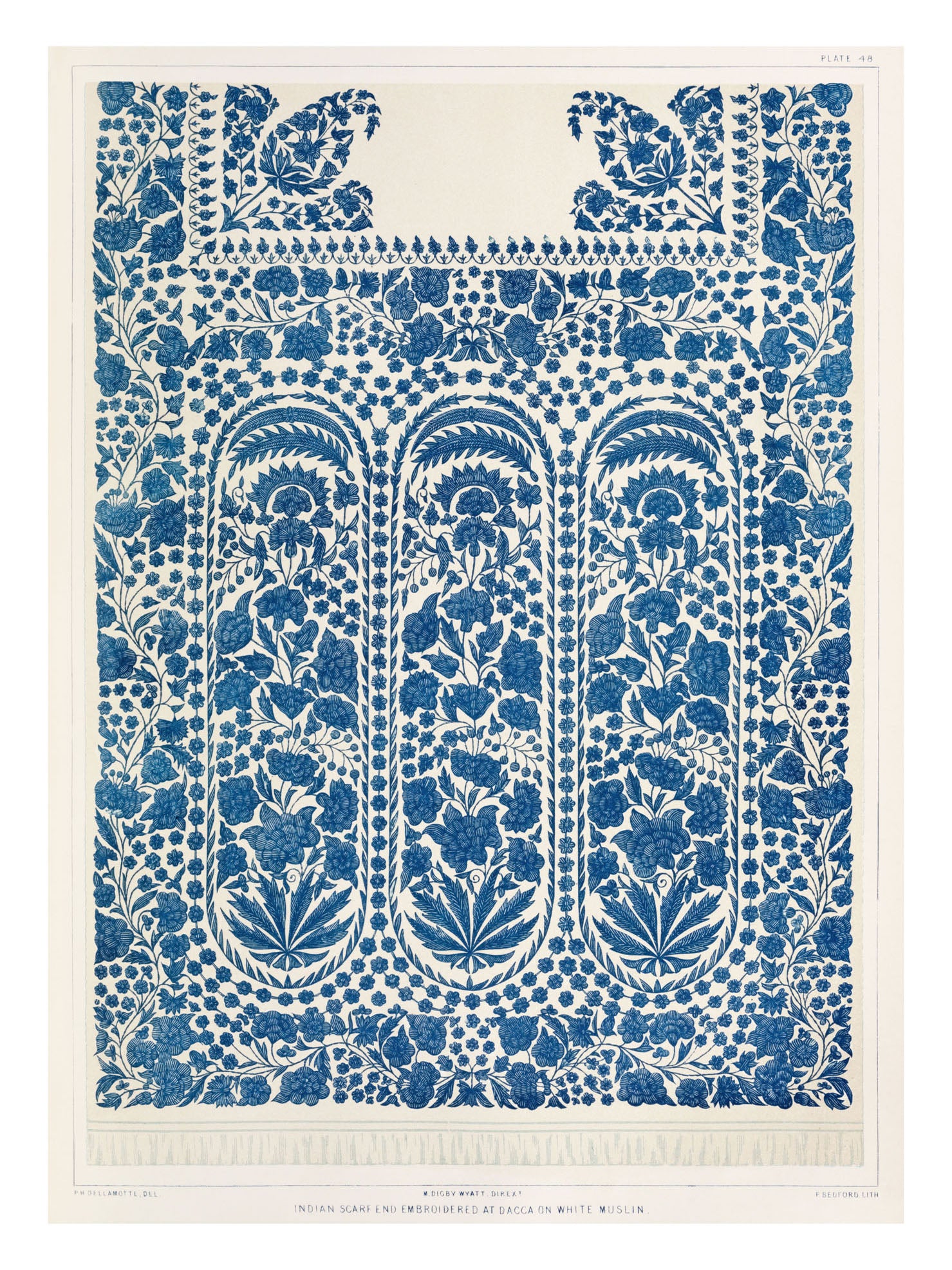 Victorian lithograph of an Indian embroidered scarf end from Dacca, featuring three arched panels densely filled with indigo blue florals, botanical leaves, and scrolling vines on a cream ground, surrounded by ornate floral border columns — Plate 48 drawn by P.H. Delamotte, directed by Digby Wyatt.