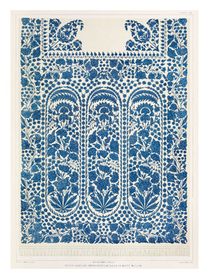 Victorian lithograph of an Indian embroidered scarf end from Dacca, featuring three arched panels densely filled with indigo blue florals, botanical leaves, and scrolling vines on a cream ground, surrounded by ornate floral border columns — Plate 48 drawn by P.H. Delamotte, directed by Digby Wyatt.