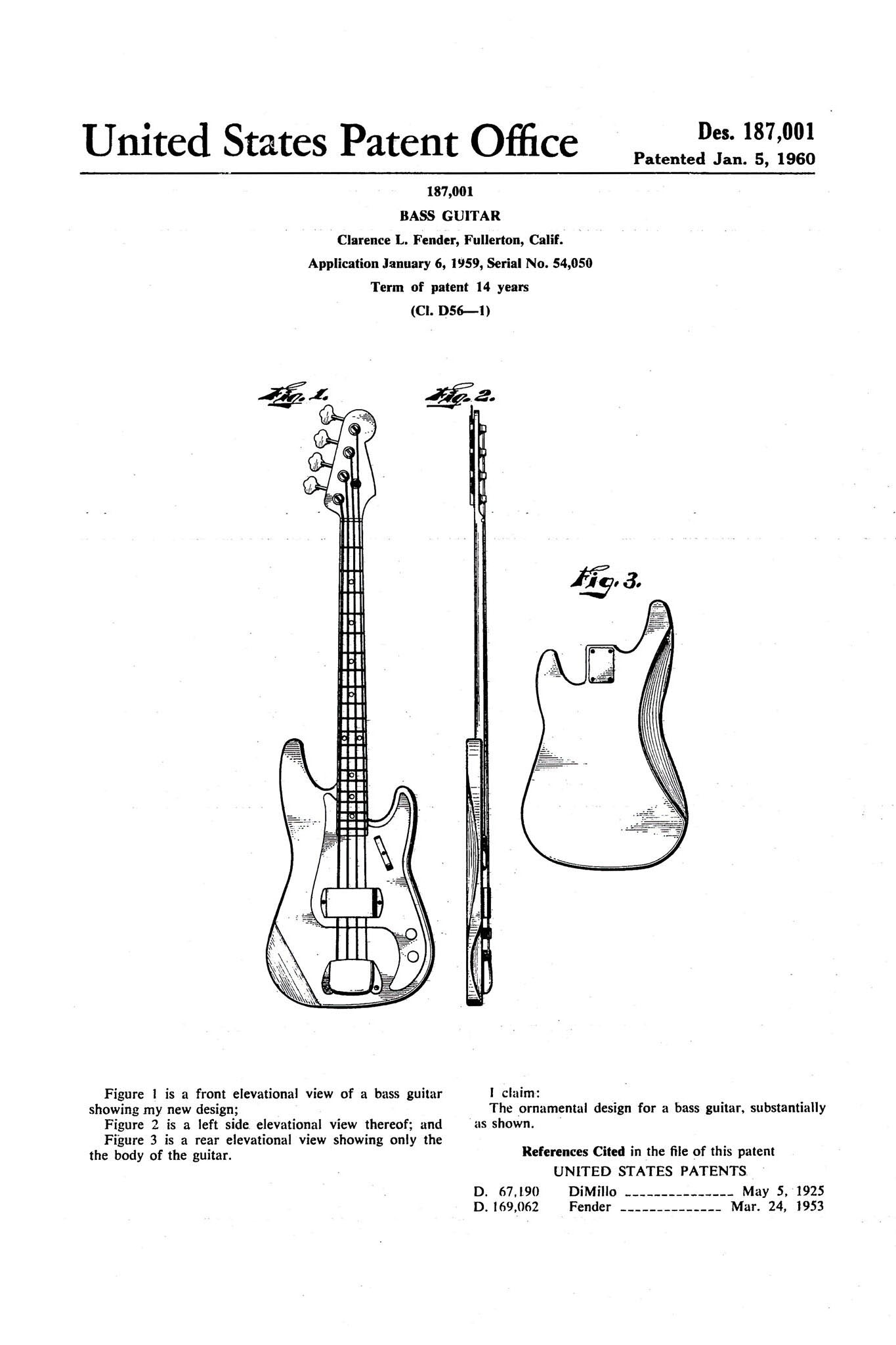 Technical patent illustration of the Fender bass guitar, featuring detailed designs and innovations that highlight its significance in musical history.