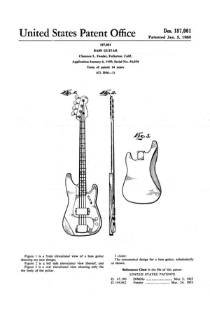 Technical patent illustration of the Fender bass guitar, featuring detailed designs and innovations that highlight its significance in musical history.