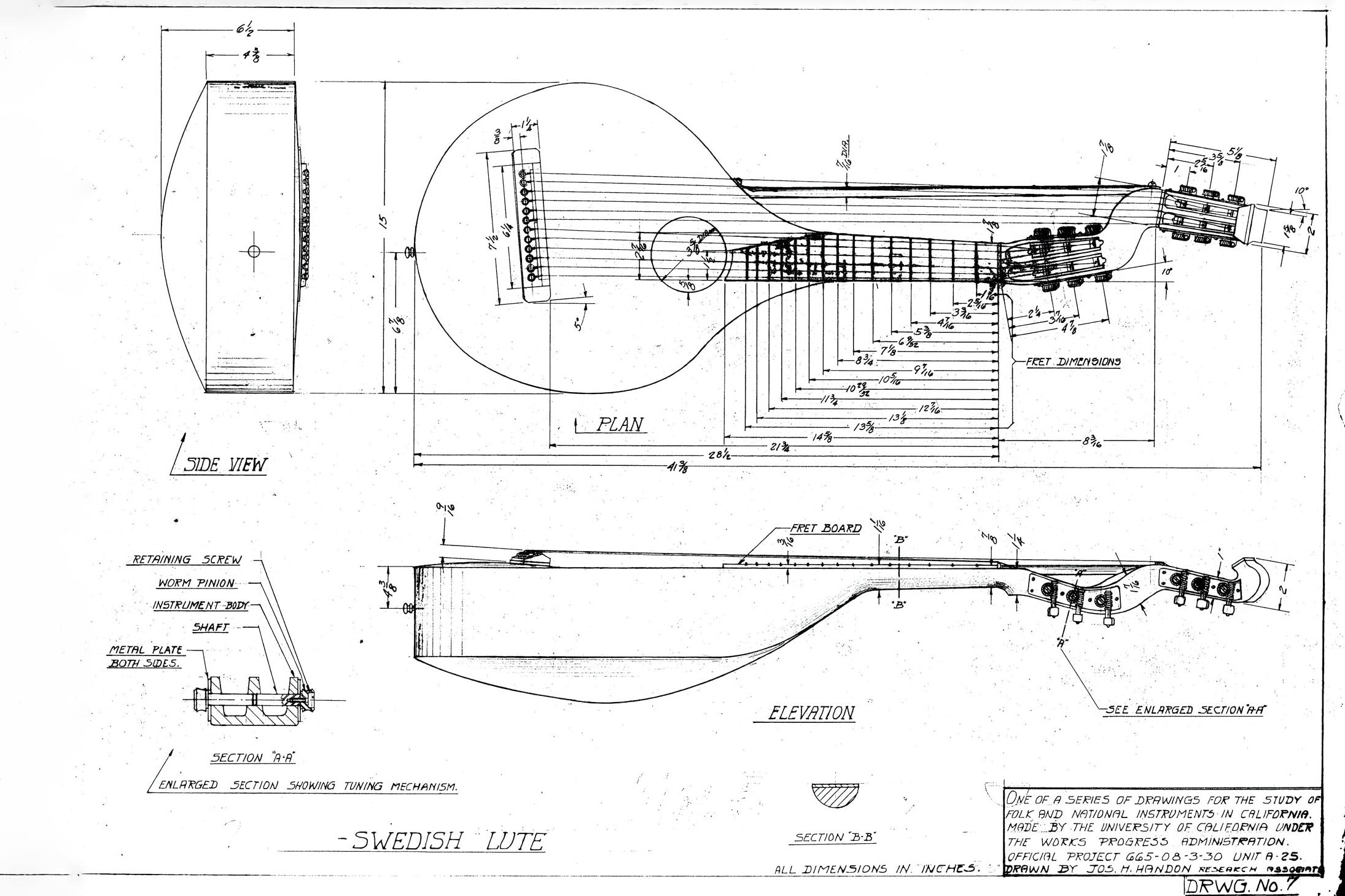 Detailed patent illustration of the Swedish lute, featuring schematic views that highlight its intricate design and traditional craftsmanship.