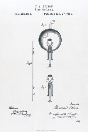 Historic patent illustration of the Thomas Edison light bulb, detailing the innovative design and technology that transformed lighting forever.