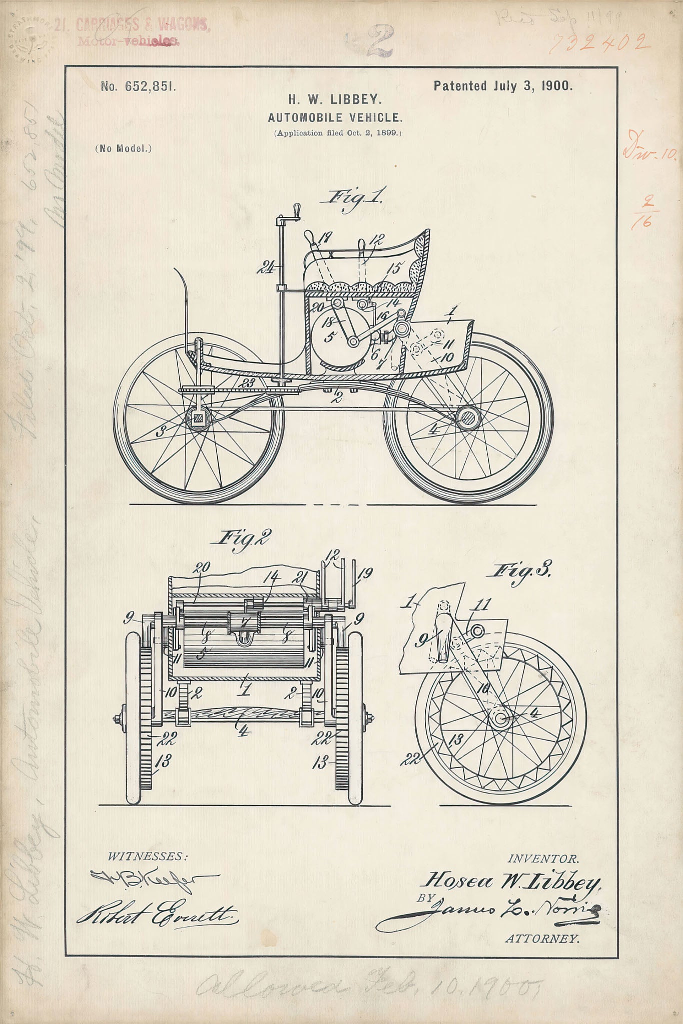 Historic patent illustration of an early car automobile, featuring detailed schematics that reflect the mechanical ingenuity of its time.