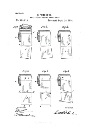 Historic patent illustration of toilet paper, detailing its roll and perforation design as envisioned by its inventor.