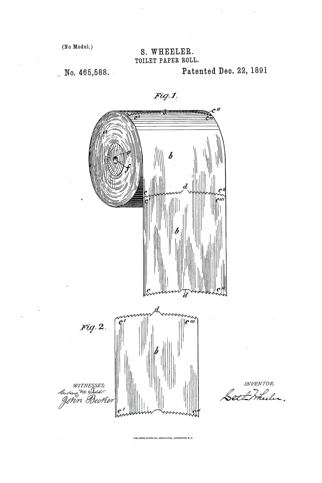 Vintage patent illustration of toilet paper, detailing its roll and perforation design as envisioned by its inventor.