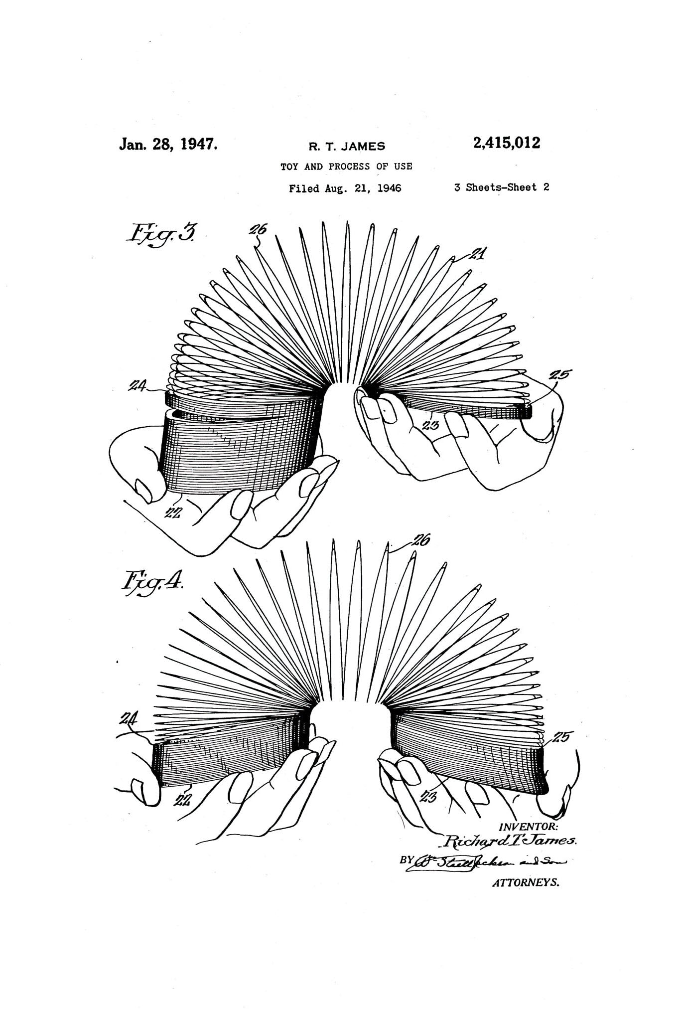 A playful patent illustration of the Slinky toy, showcasing its design and mechanics.