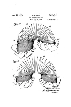 A playful patent illustration of the Slinky toy, showcasing its design and mechanics.