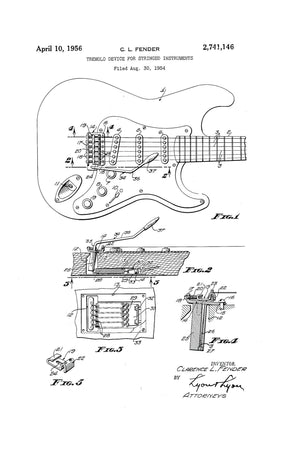 A detailed patent illustration of the Fender electric guitar, showcasing its design and engineering features.