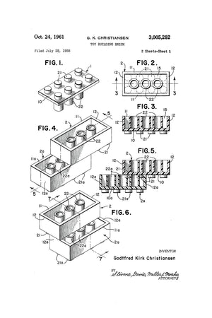 An iconic patent illustration of the Lego brick, highlighting its detailed design and interlocking features.