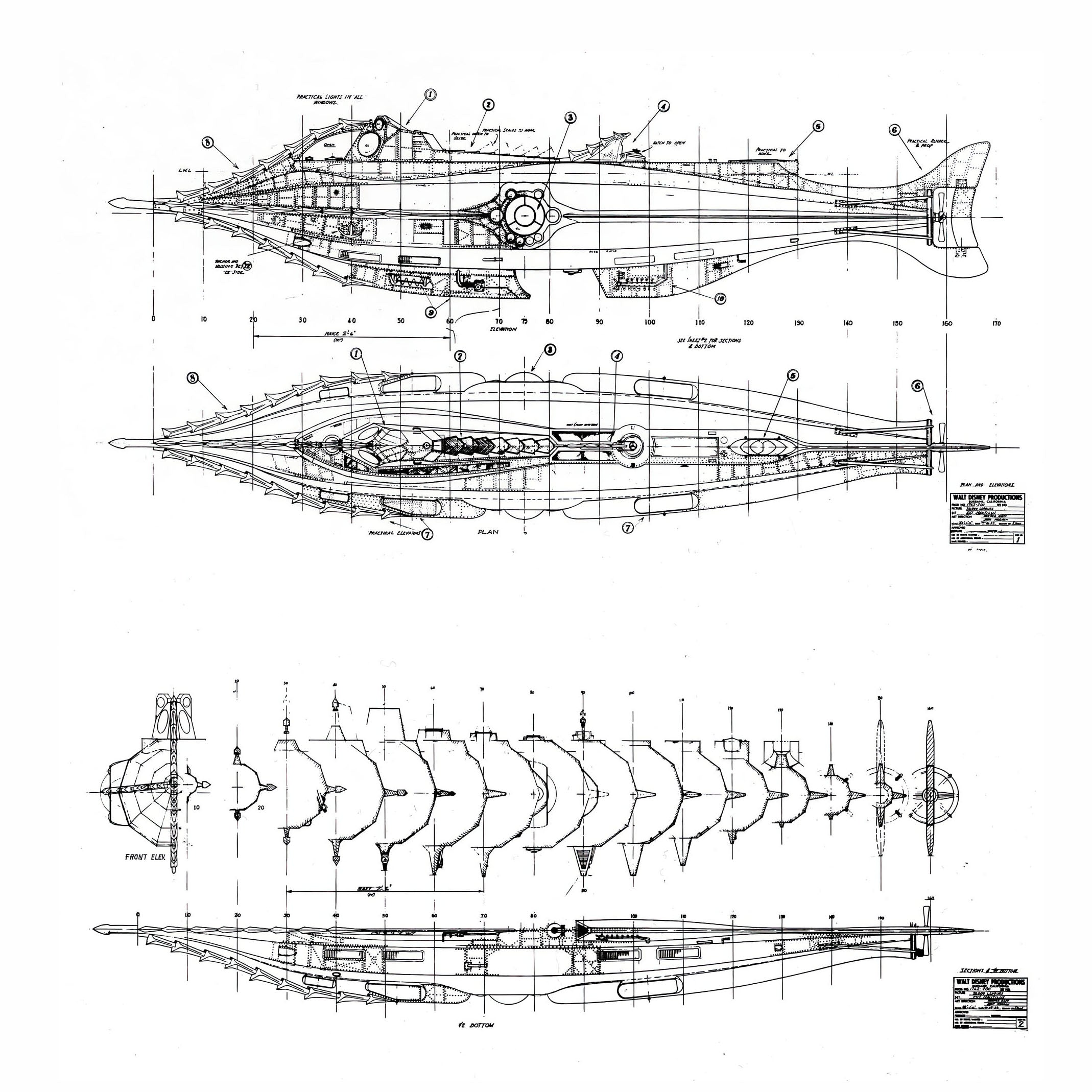 Detailed black and white blueprints of a nautilus submarine, featuring side views, cross-sections, and cutaway diagrams, illustrating the vessel’s mechanical and engineering design.