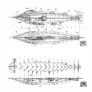 Detailed black and white blueprints of a nautilus submarine, featuring side views, cross-sections, and cutaway diagrams, illustrating the vessel’s mechanical and engineering design.