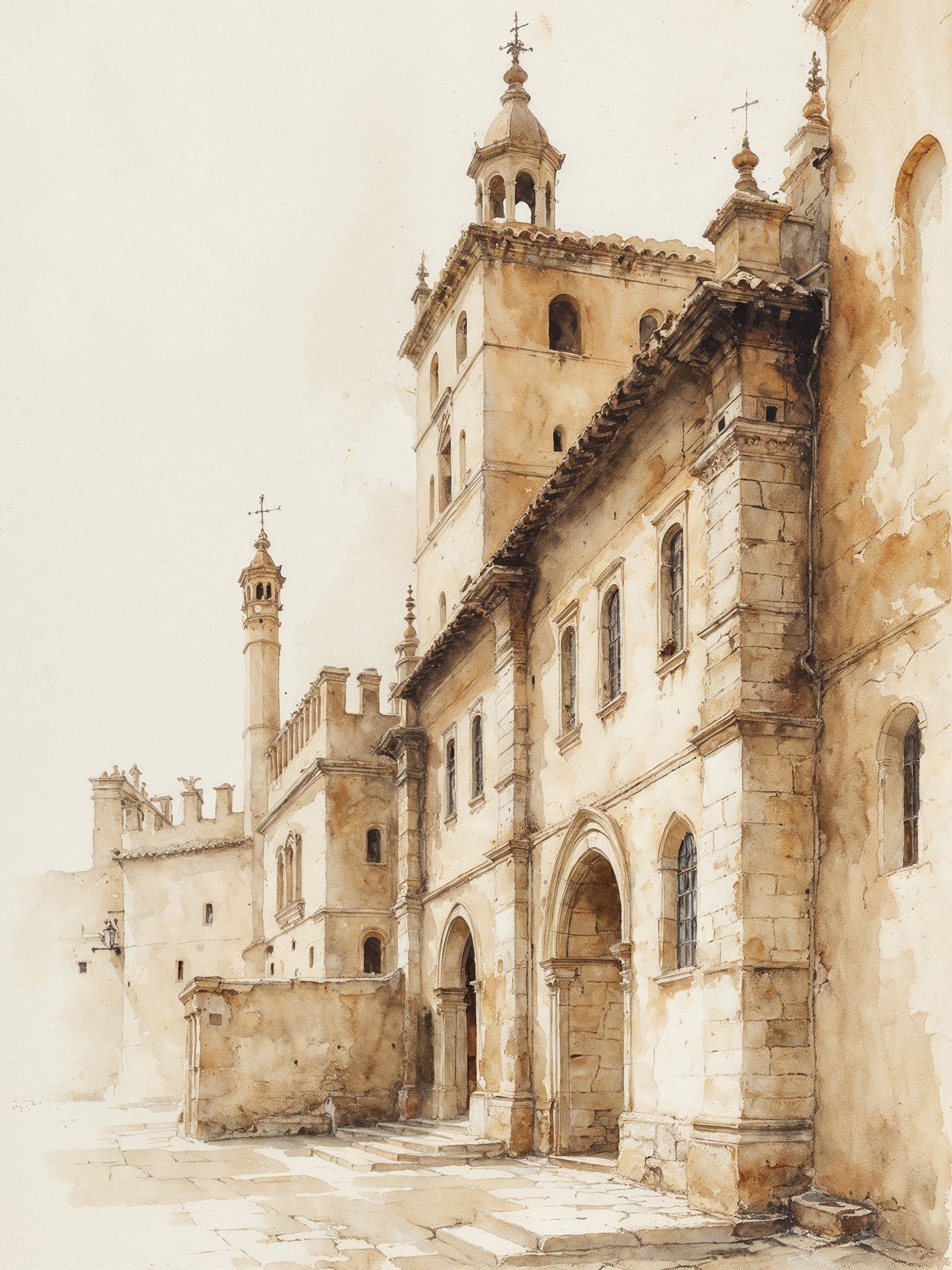 Sepia-toned watercolor illustration of a grand historic European stone building complex featuring a square bell tower with cupola and cross, Gothic arched doorways, crenellated parapets, aged stone masonry walls, and a cobblestone plaza in the foreground, rendered in warm ochres, tans, and burnt siennas on a soft cream background.