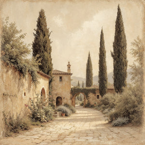 Vintage-style painting of a sunlit Tuscan estate featuring a cobblestone path leading through an ivy-covered stone archway, tall Italian cypress trees, ochre stucco walls with climbing vines, a small campanile above the roofline, lush Mediterranean gardens, and soft rolling hills fading into a hazy creamy sky, rendered in a warm sepia tonal palette.