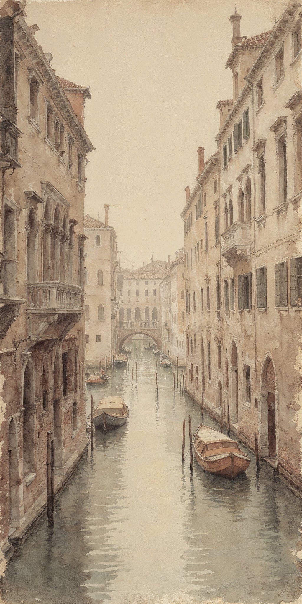 Vertical watercolor-style illustration of a narrow Venetian canal flanked by multi-story cream and sienna Renaissance and Gothic palazzos, with wooden boats moored along the banks, gondola poles reflected in still water, and a soft arched stone bridge visible in the hazy background under a pale sky.