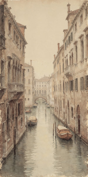 Vertical watercolor-style illustration of a narrow Venetian canal flanked by multi-story cream and sienna Renaissance and Gothic palazzos, with wooden boats moored along the banks, gondola poles reflected in still water, and a soft arched stone bridge visible in the hazy background under a pale sky.
