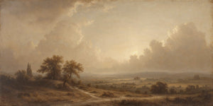 A wide-format 19th-century European landscape painting in warm golden and sepia tones, depicting a vast open valley viewed from an elevated foreground. A winding dirt path leads through dry grassy terrain toward a cluster of mature deciduous trees. A Gothic spire rises in the distance beside a faint villa structure. Soft luminous clouds fill a hazy sky with diffused light breaking through at center.
