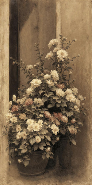 Vintage-style botanical painting of two dark ceramic pots overflowing with white and dusty rose dahlia-like blooms, with delicate branching stems rising above, set against a warm sepia and umber textured background in the tradition of 19th-century European botanical illustration.