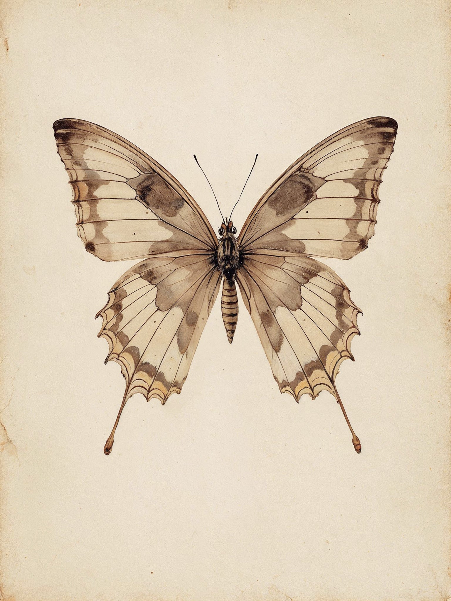 Vintage watercolor and ink illustration of a large swallowtail butterfly in dorsal spread-wing pose, rendered in sepia, cream, and taupe tones on aged parchment-toned paper with subtle foxing, in the style of 18th to 19th century natural history specimen plates.