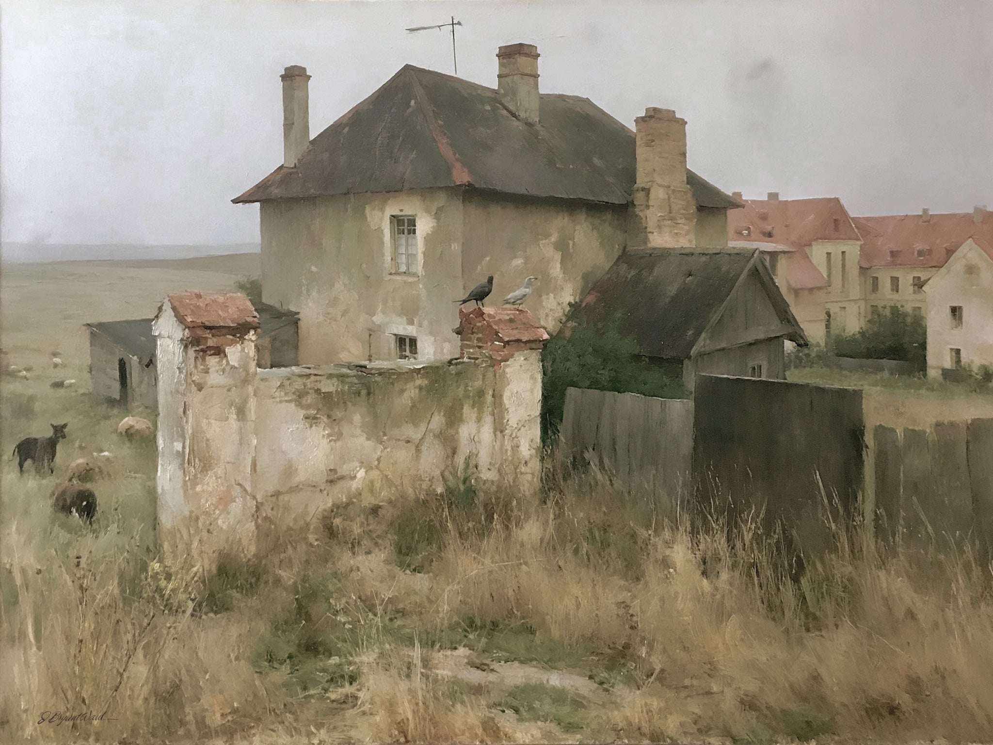 Realistic oil painting print of a weathered stone farmhouse and crumbling wall on the edge of a European village. A crow and a gull perch on the wall. Sheep and a donkey graze nearby. Overgrown grasses fill the foreground, with terracotta-roofed buildings visible under a flat grey sky. Muted palette of ochres, taupes, and olive greens.