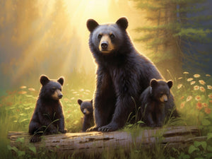 Momma black bear with three cubs in a sunlit forest, surrounded by flowers, capturing the warmth of nature and family in Western wildlife art.