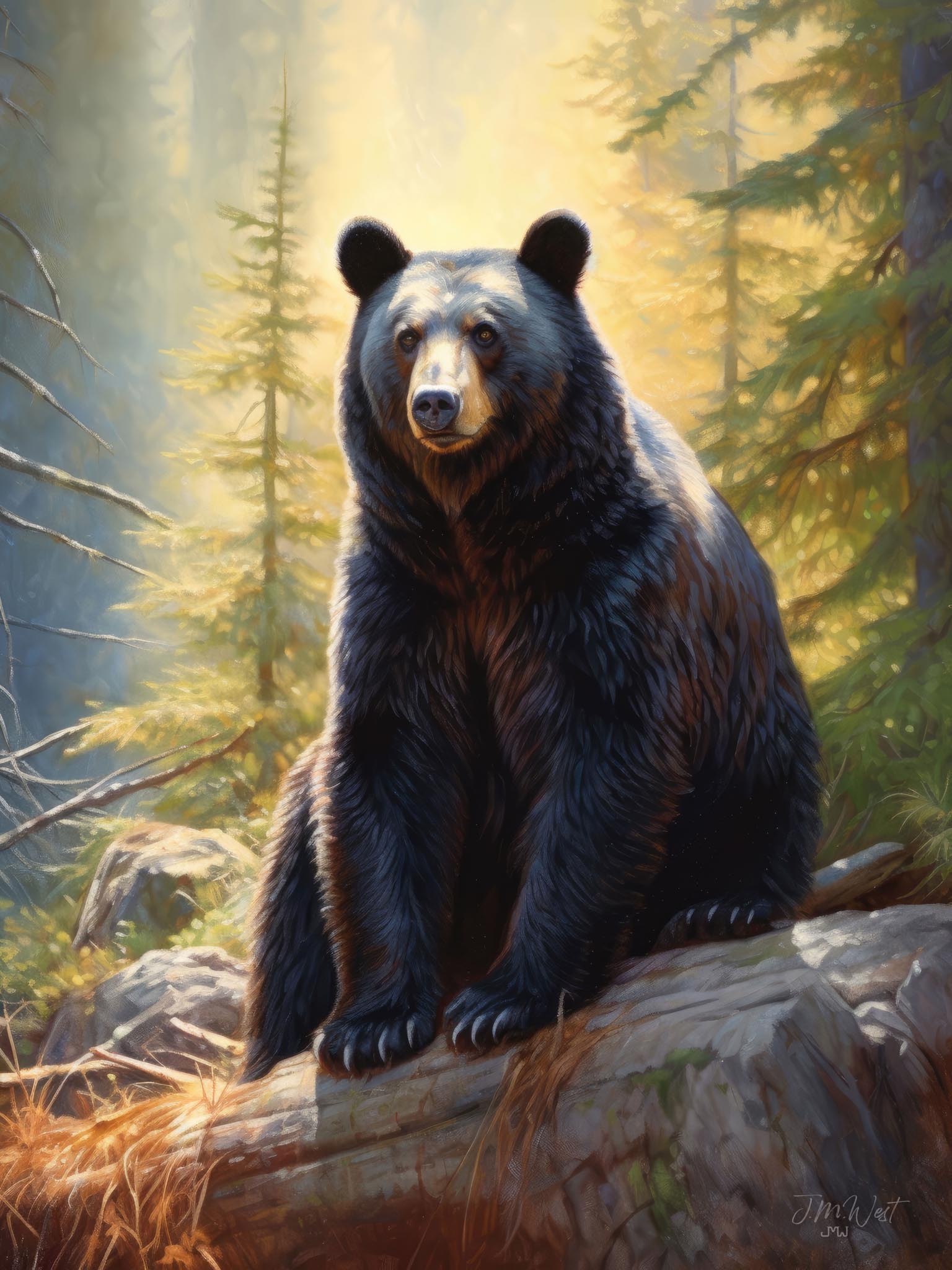 Bear among sunlit pine trees in a classic Western wildlife painting titled "King of the Mountain."