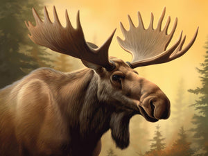 Moose in golden sunlight, standing in a forest with glowing antlers and warm tones, in a classic Western wildlife art style.