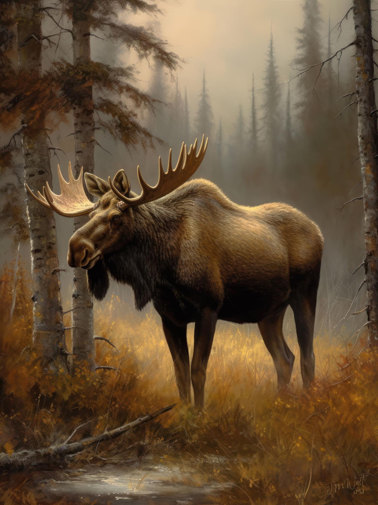 Majestic moose roaming through an enchanting autumn forest, bathed in warm sunlight.