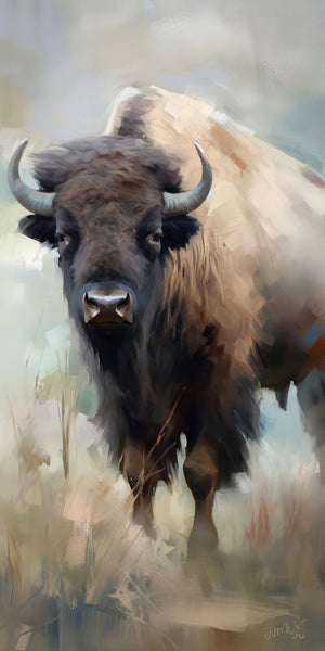 Painterly oil-style portrait of an American bison bull facing forward, with a massive dark brown shaggy head, curved horns, and warm beige brushstrokes fading into a soft teal prairie background, by Jay Bryant Ward.