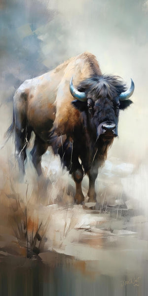 Painterly vertical art print depicting a lone American bison bull facing the viewer with prominent hump and curved horns, rendered in expressive brushstrokes against a soft hazy background of grays and beiges suggesting open prairie, with impressionistic grass detail at the base, in a muted earth-tone palette of tans, browns, and deep blacks.