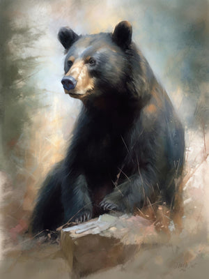 Modern watercolor painting of a black bear on a hillside, embodying the serene beauty of Western wildlife.