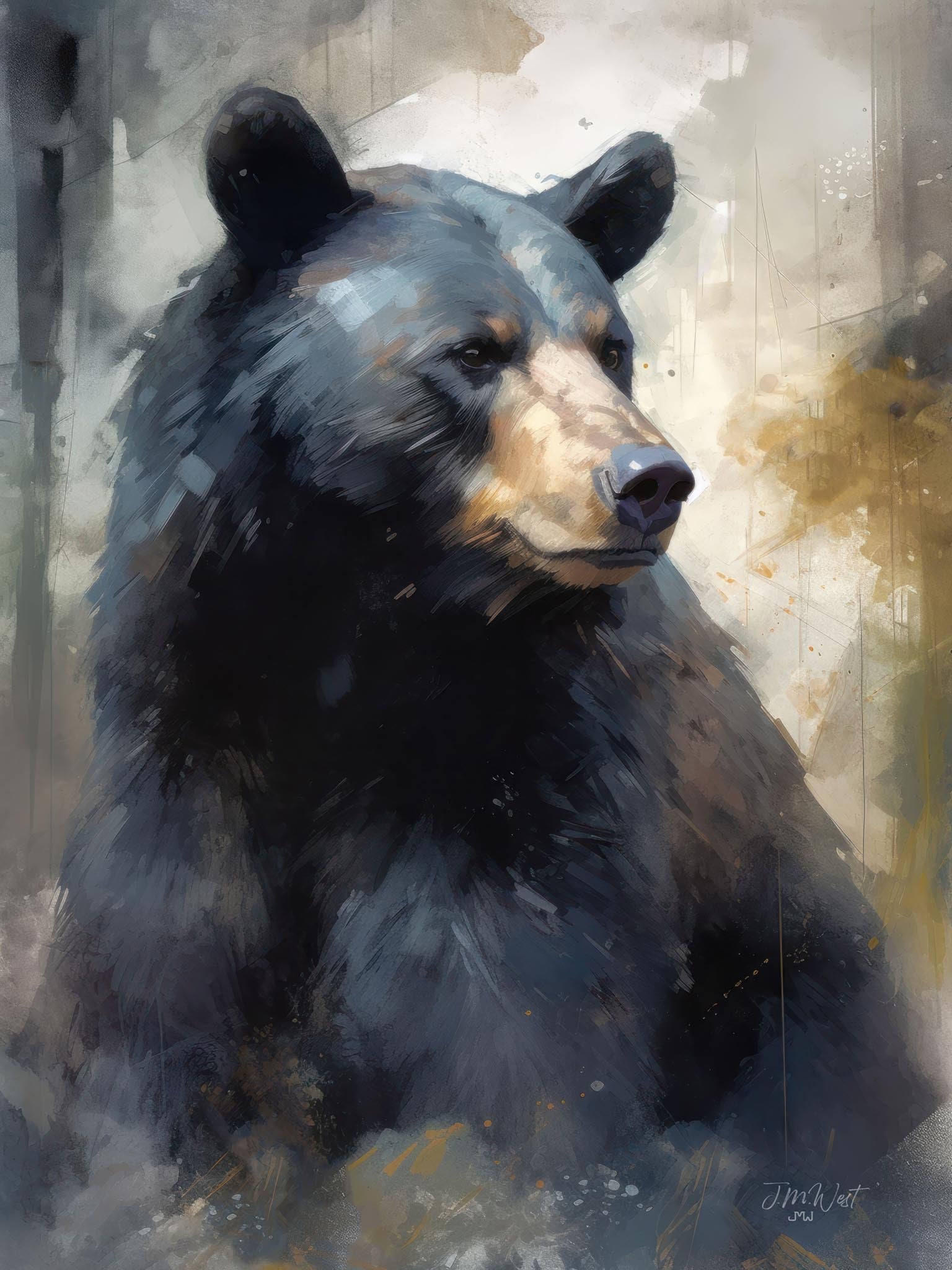 Modern watercolor painting of a black bear in a Western wildlife setting, showcasing the serene beauty of nature with pastel tones.