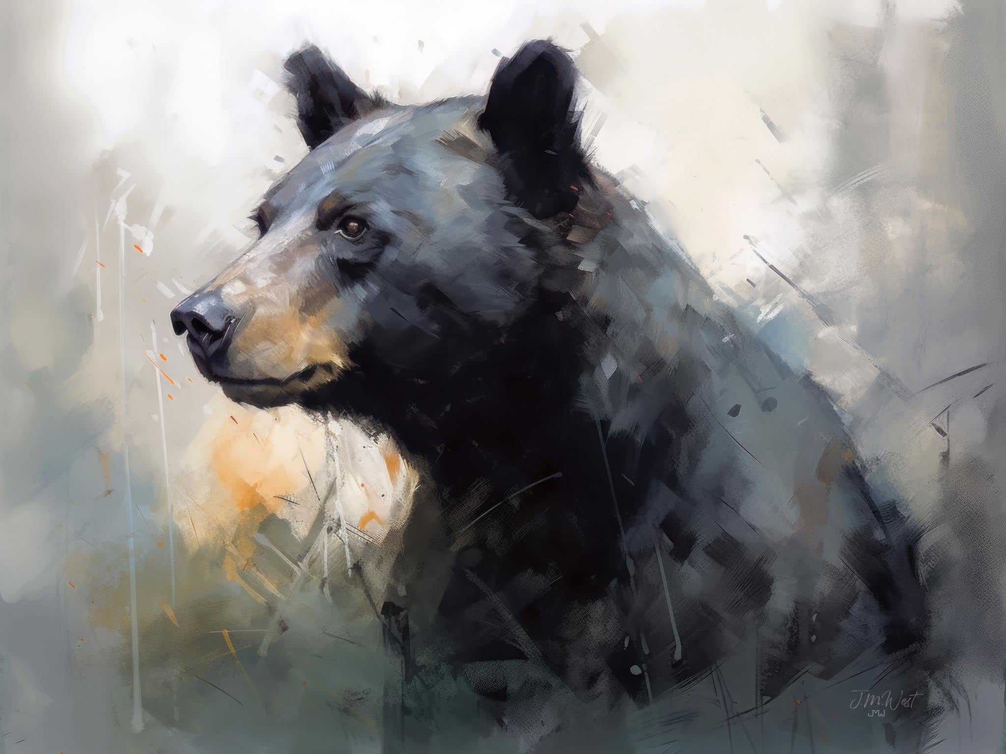 Modern watercolor painting of a curious black bear in a Western wildlife setting, with a pastel-colored Rocky Mountain backdrop capturing the bear's inquisitive nature.