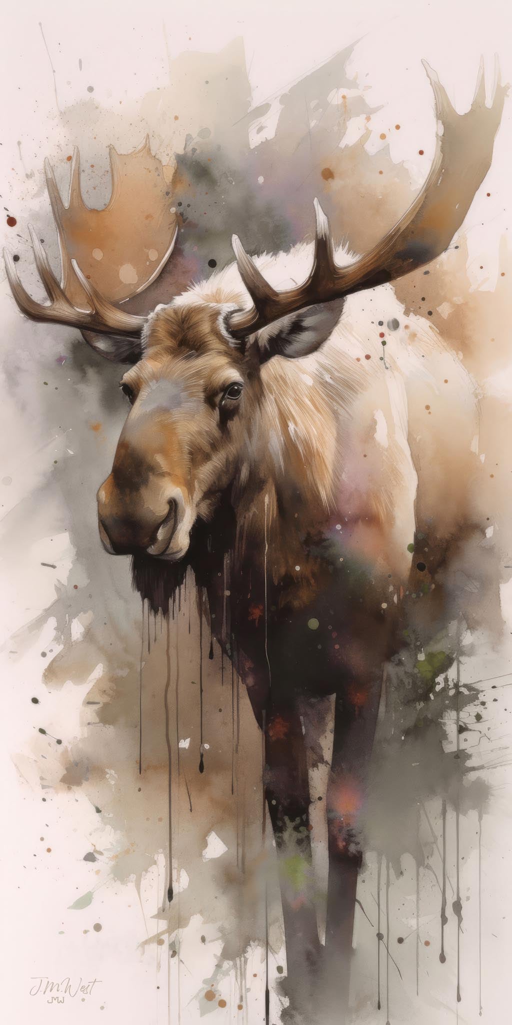 Watercolor and ink mixed-media portrait of a bull moose in warm browns, taupes, and charcoal, depicted from a three-quarter front view with large palmate antlers, featuring loose expressive brushwork, ink splatters, and dissolving edges on a soft neutral background, by artist Jay Bryant Ward.