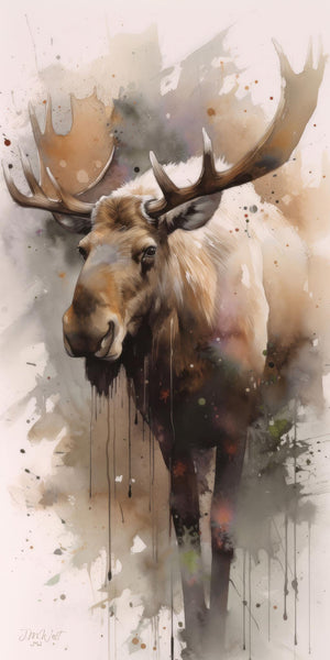 Watercolor and ink mixed-media portrait of a bull moose in warm browns, taupes, and charcoal, depicted from a three-quarter front view with large palmate antlers, featuring loose expressive brushwork, ink splatters, and dissolving edges on a soft neutral background, by artist Jay Bryant Ward.