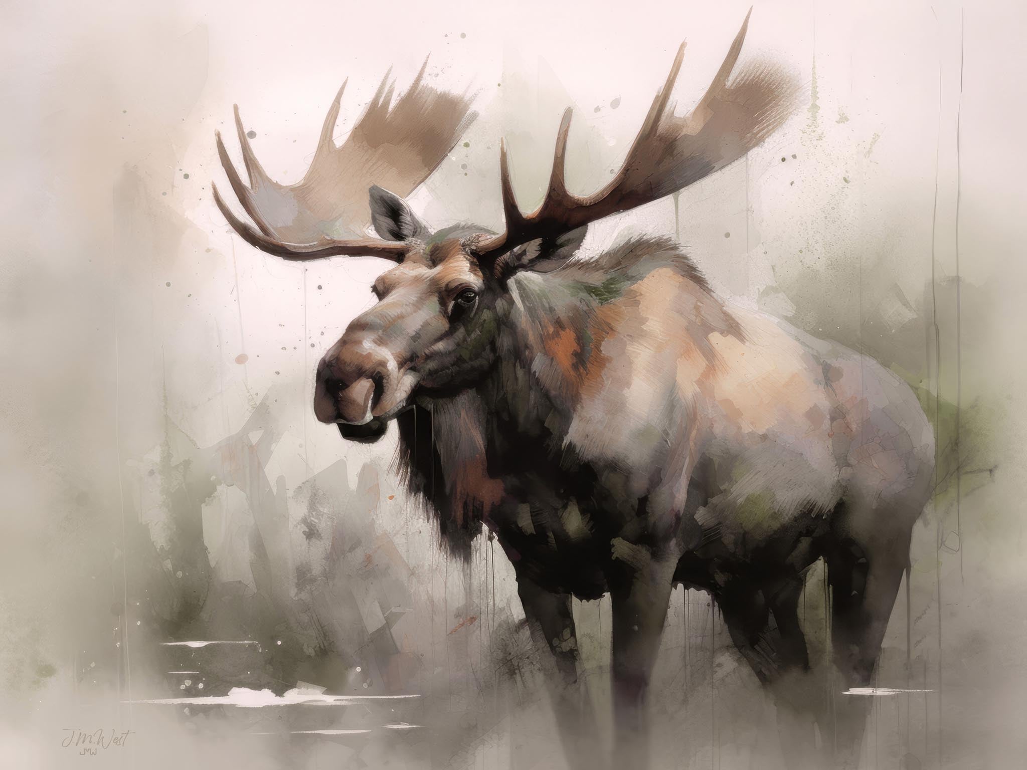 Modern watercolor painting of a majestic bull moose foraging in a foggy Rocky Mountain landscape, highlighting the moose's solitary beauty with subtle pastel colors.