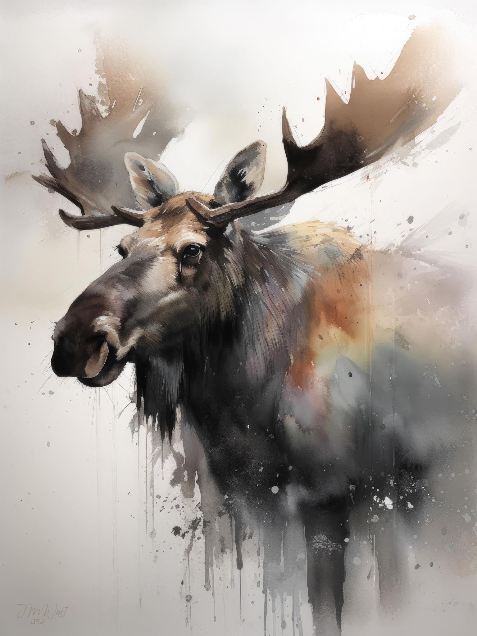 Modern watercolor painting of a bull moose under moonlight in a foggy Rocky Mountain landscape, using pastel colors to emphasize the moose's majestic presence.