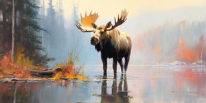 Oil-style painting of a large bull moose standing in shallow, reflective water at the edge of a misty boreal forest. The moose faces the viewer with wide palmate antlers lit by warm golden light. Autumn foliage in orange, red, and yellow frames the scene, while tall conifers dissolve into a soft blue-grey haze in the background. The moose's dark form is mirrored in the still water below.