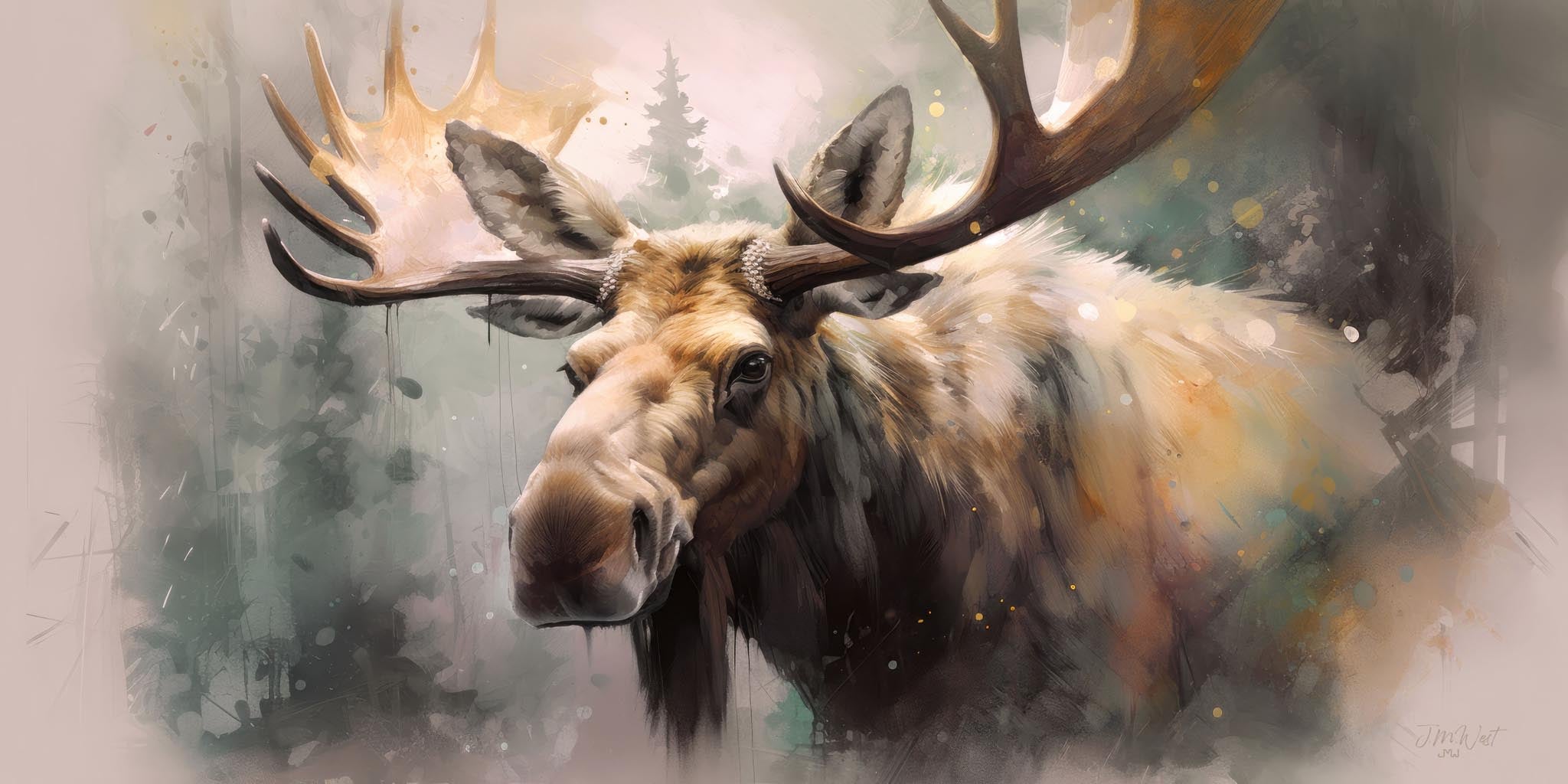 Close-up portrait of a bull moose with large palmate antlers painted in a dramatic watercolor and ink wash style, warm golden and earthy tones against a soft misty evergreen forest background with expressive drips and bokeh light effects