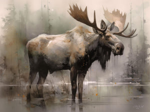 Modern watercolor painting of a bull moose in a foggy, autumnal Rocky Mountain landscape at dusk, using pastel colors to highlight the moose’s majestic presence.