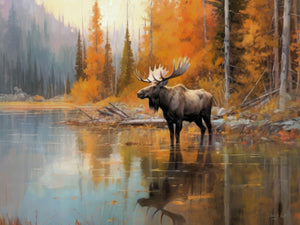 Modern watercolor painting of a bull moose in a foggy, autumn Rocky Mountain landscape with subtle pastel colors, highlighting the moose’s majestic presence in nature.