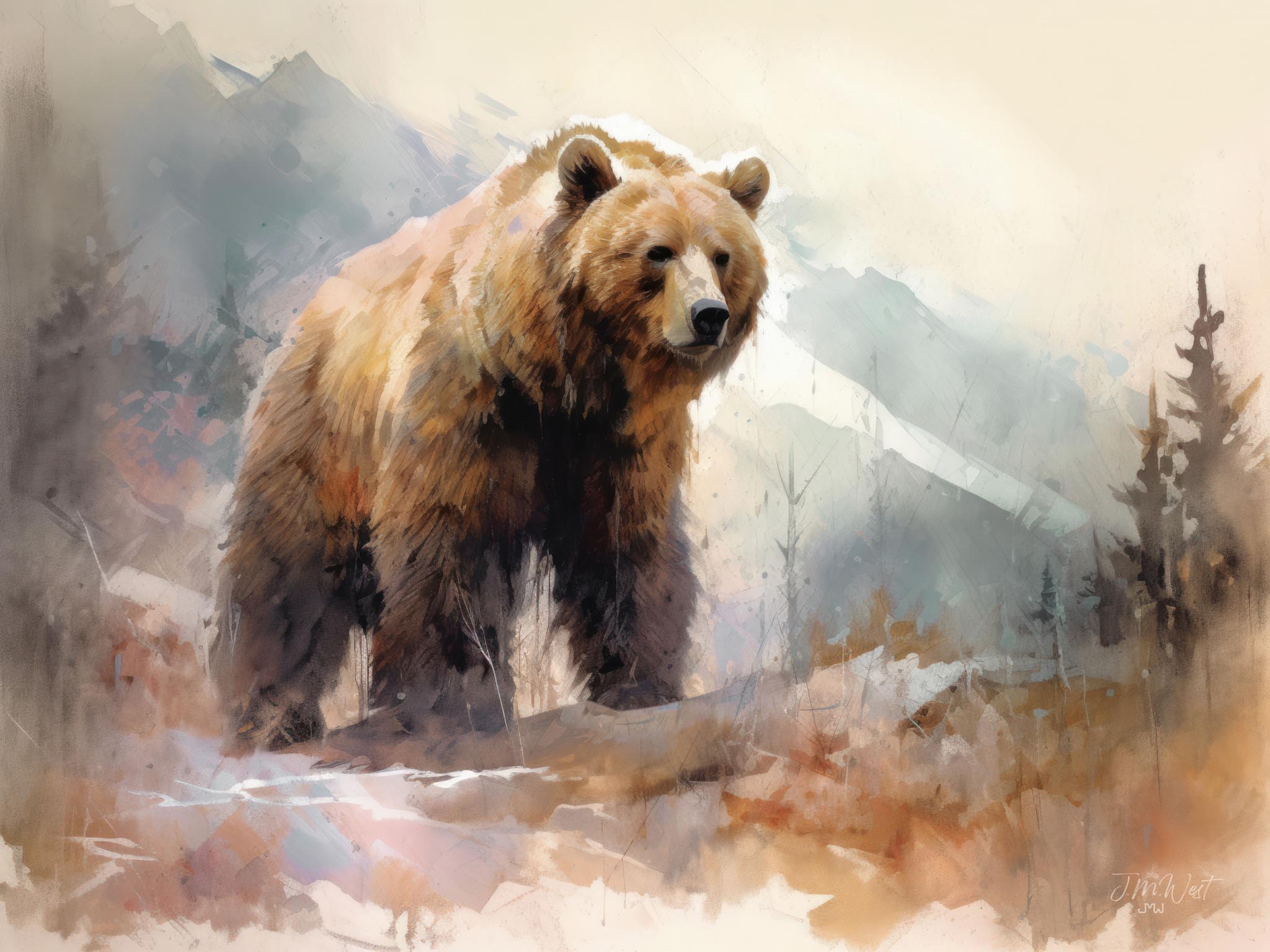 Modern watercolor painting of a grizzly bear in a Rocky Mountain landscape with subtle pastel colors, featuring a serene lake, trees, and the majestic presence of the bear in nature.