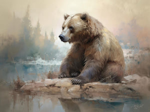 Modern watercolor painting of a grizzly bear by a mountain stream in the Rocky Mountains, featuring subtle pastel colors and a tranquil natural setting with trees and water.