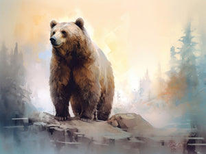 Modern watercolor painting of a grizzly bear in the Rocky Mountains, showcasing subtle pastel colors and a tranquil setting with lakes, streams, pine trees, and natural wildlife.