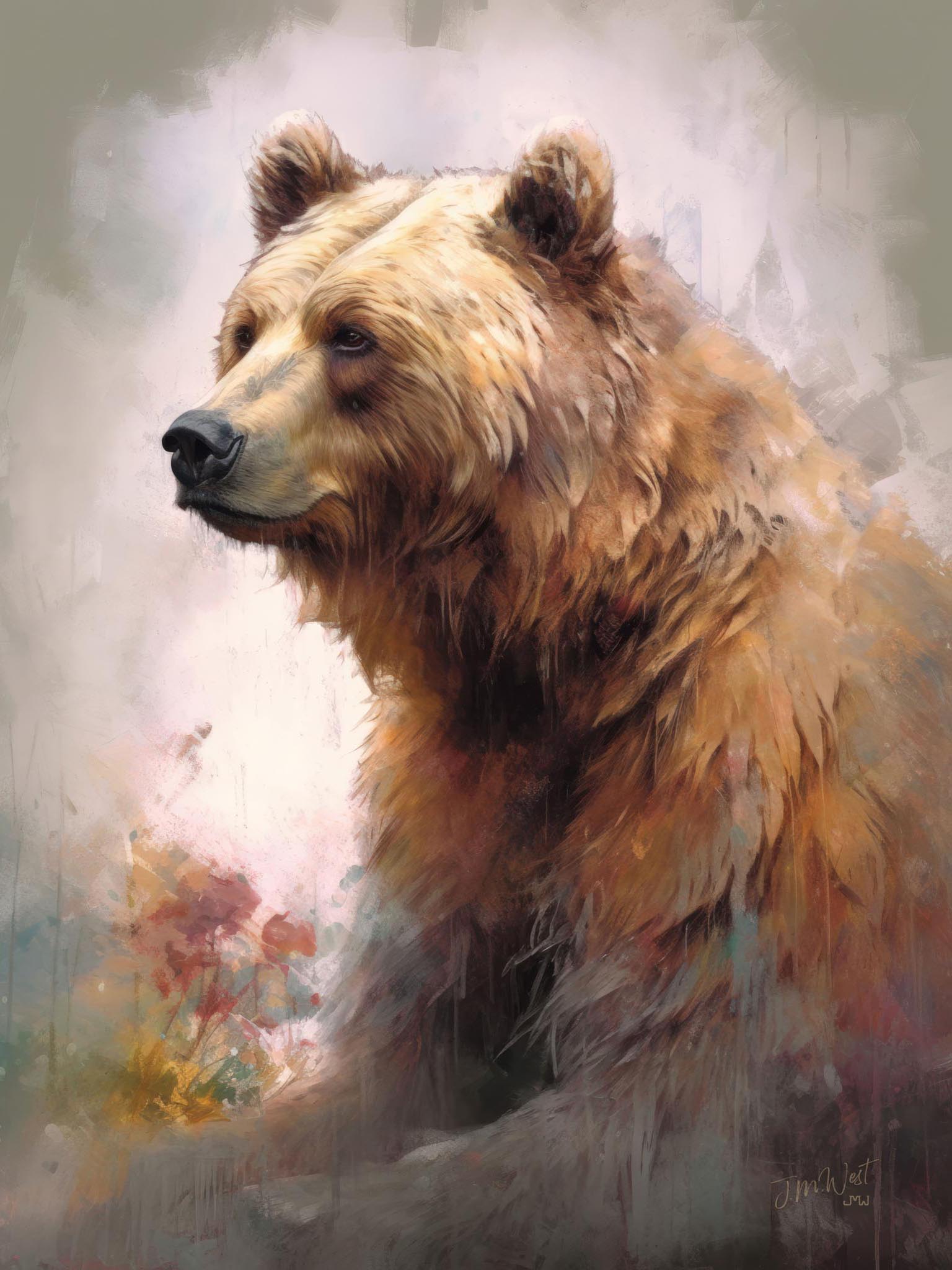 Modern watercolor painting of a grizzly bear in the Rocky Mountains, featuring subtle pastel colors and a serene natural setting with lakes, streams, pine trees, and wildlife.