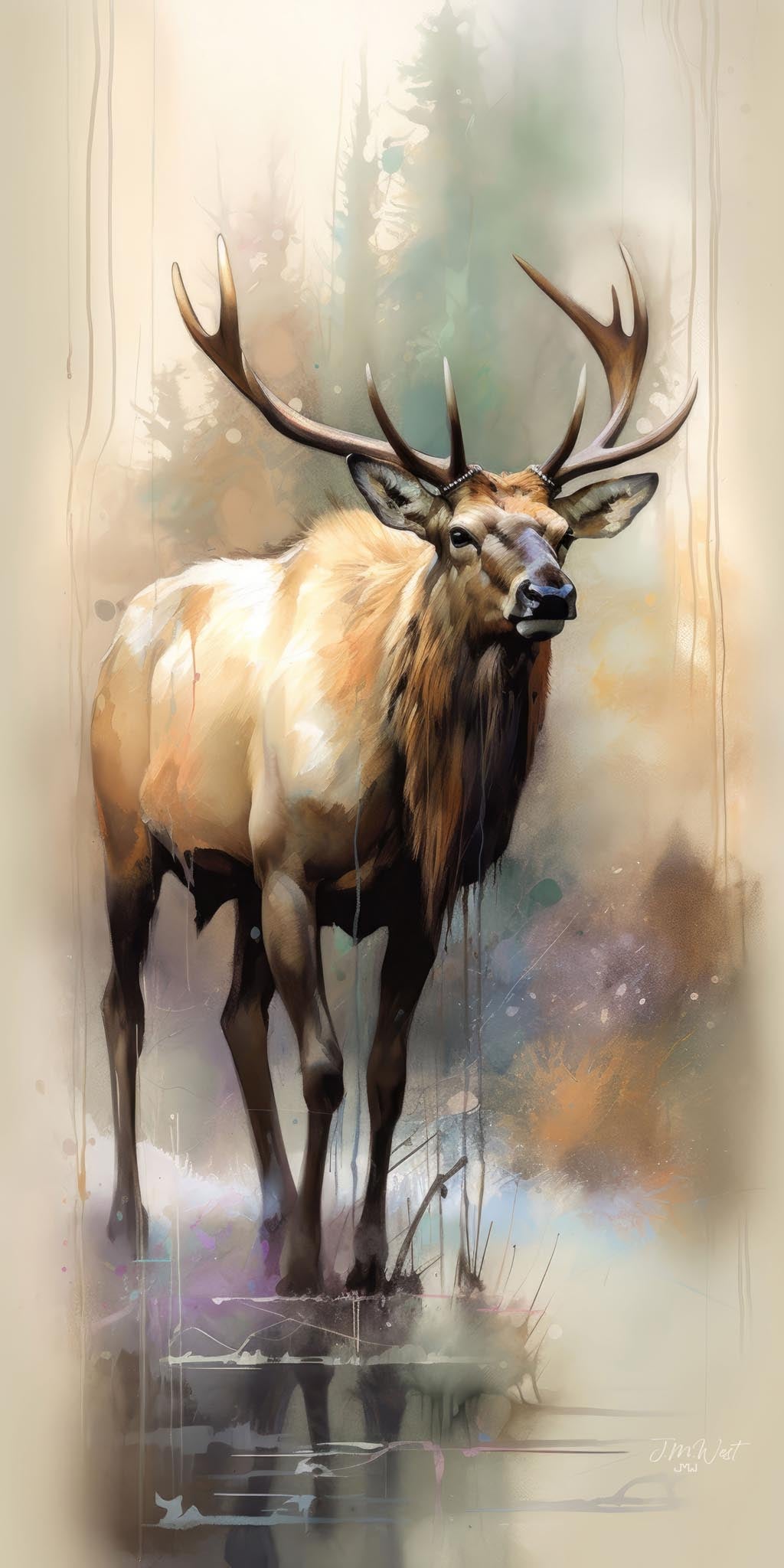 Mixed-media digital painting of a large bull elk in three-quarter view facing left, with a full rack of antlers, rendered in warm tawny golds and deep chestnuts with dramatic shoulder highlights. The atmospheric background features soft teal, lavender, and amber watercolor washes suggesting a misty forest. Paint drips and ink runs add a contemporary fine art quality. Vertical composition.